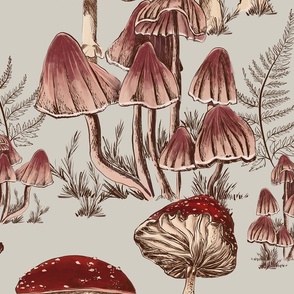 Large Scale - Cream - Hand drawn Magic Mushroom Autumn Forest - Wallpaper