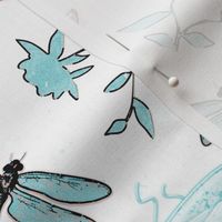 Teal Blue And Bronze Tossed Dragonflies With Texture And Blue Flowers Medium Scale