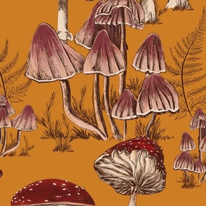  Large Scale - Orange Ochre - Hand drawn Magic Mushroom Autumn Forest - Wallpaper