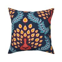 colorful peacock damask on navy | large