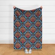 colorful peacock damask on navy | large