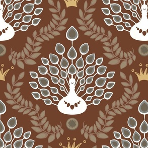 Brown and white Peacock Damask with Crowns and Intertwined Branches | large