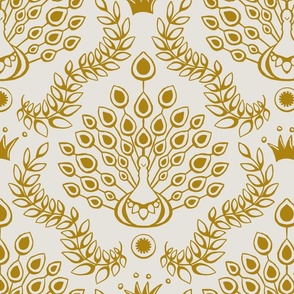 dark gold peacock damask on light silver | large