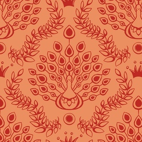 peacock damask poppy red on peach | large