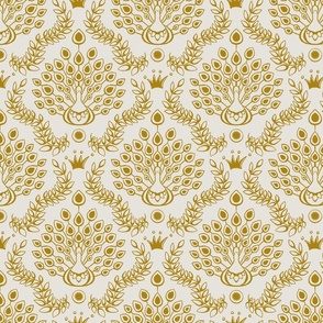 dark gold peacock damask on light silver | medium