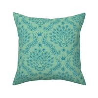 Lagoon and jade Peacock Damask with Crowns and Intertwined Branches | large