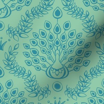 Lagoon and jade Peacock Damask with Crowns and Intertwined Branches | large