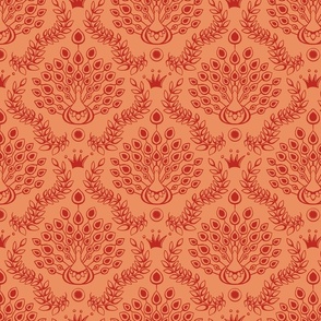 peacock damask poppy red on peach | large