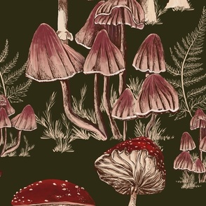 Large Scale - Dark Green - Hand drawn Magic Mushroom Autumn Forest - Wallpaper