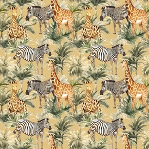Giraffe and zebra in the jungle beige