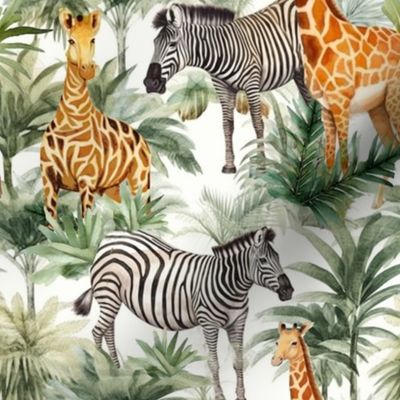Giraffe and zebra in the jungle white