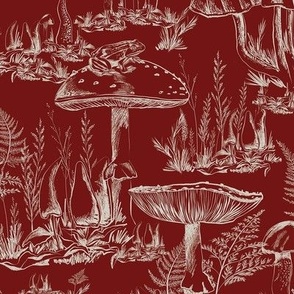 Medium - Dark Red - Hand drawn Magic Mushroom Autumn Forest - Wallpaper Toile de Jouy