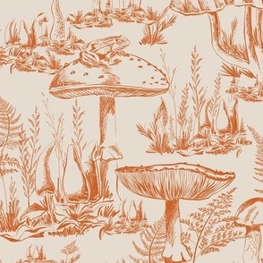 Medium - Orange - Hand drawn Magic Mushroom Autumn Forest - Wallpaper Toile de Jouy