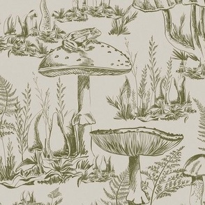 Medium - Green - Hand drawn Magic Mushroom Autumn Forest - Wallpaper Toile de Jouy