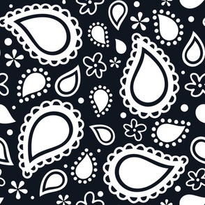 Large Scale Playful Paisley Bandana White on Black