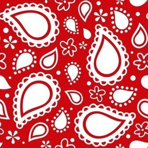 Medium Scale Playful Paisley Bandana White on Red