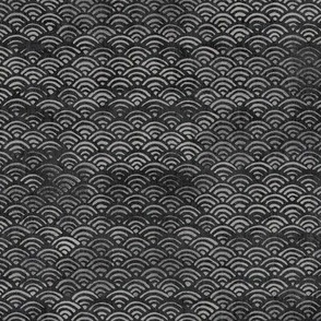 Block Print Waves in Black and Gray | Block printed pattern in charcoal gray, hand block print Japanese waves Seigaiha pattern in dark gray and black.