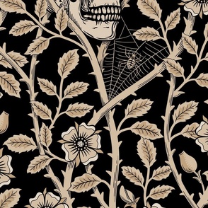 Skulls and climbing rose vines  - block print style, gothic, spooky - monochrome antiqued neutral on black - jumbo