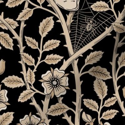 Skulls and climbing rose vines  - block print style, gothic, spooky - monochrome antiqued neutral on black - large