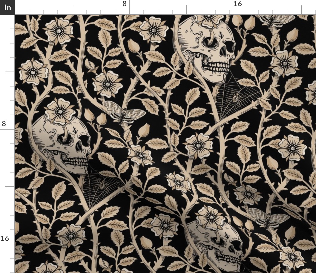Skulls and climbing rose vines  - block print style, gothic, spooky - monochrome antiqued neutral on black - large
