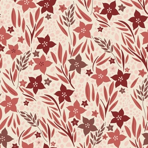 Moody Autumnal Wildflowers in Rich Crimson Red and Pale Dogwood Pink on Ivory - Medium Scale