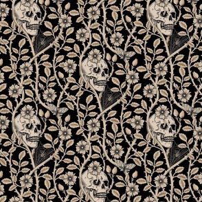 Skulls and climbing rose vines  -block print style, gothic, spooky - monochrome antiqued neutral on black - medium