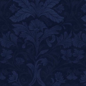 William Morris Style Monochrome Flourish Damask Ornament Pattern Midnight Blue Smaller Scale