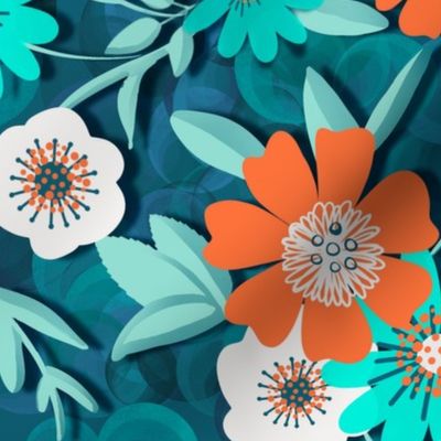 Colorful Flowers, Teal, Orange, and Aqua, white, fun, bold, playful, added dimension 16"