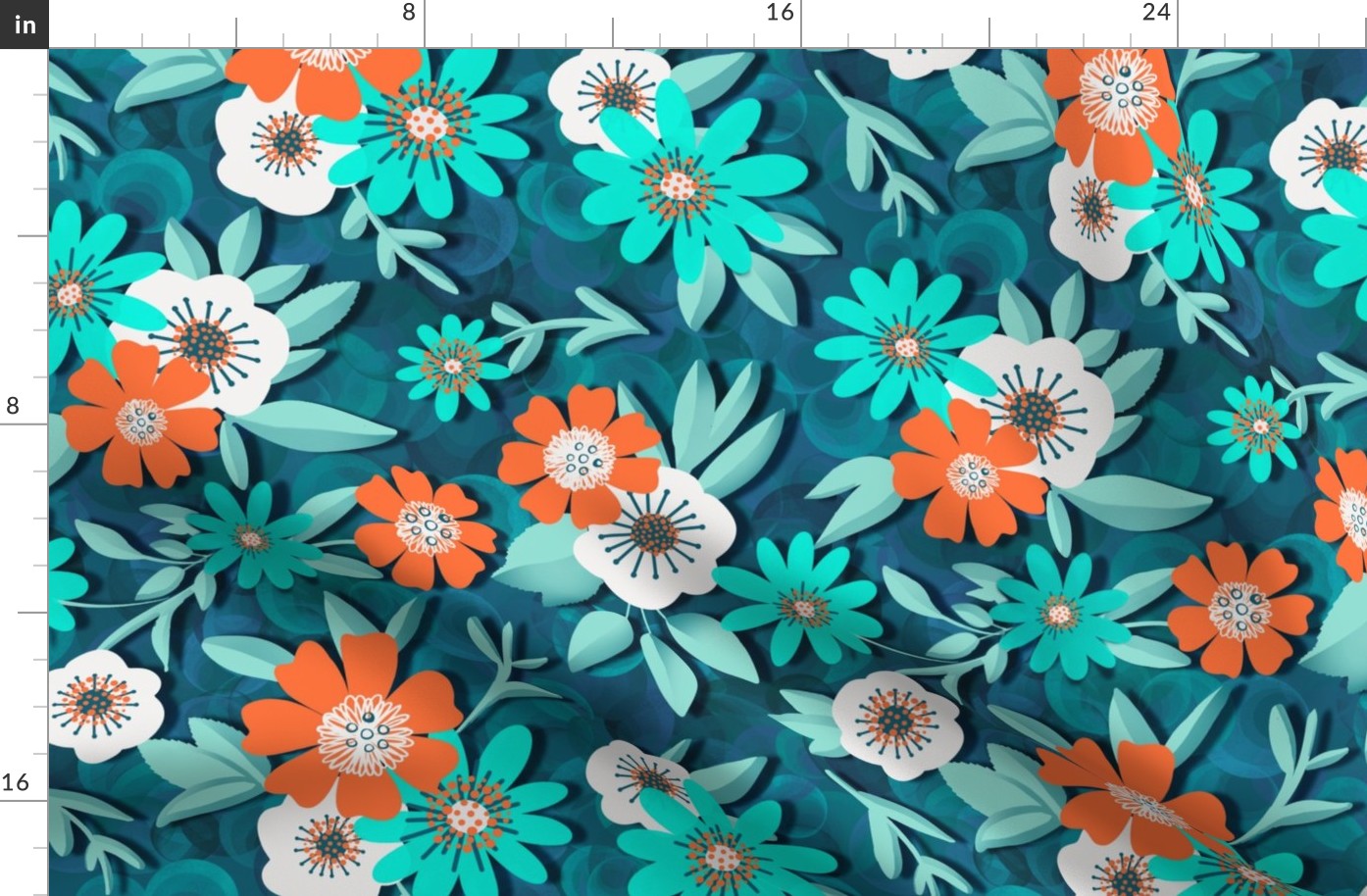 Colorful Flowers, Teal, Orange, and Aqua, white, fun, bold, playful, added dimension 16"