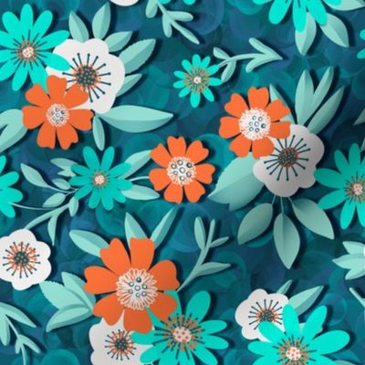 Colorful Flowers, Teal, Orange, and Aqua, white, fun, bold, playful, botanical 8"