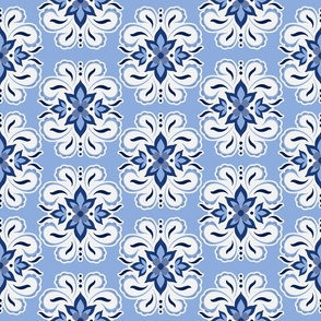 Quatrefoil Floral Damask - Cornflower Blue -  Medium Scale