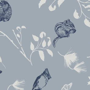 Line Art Woodland Animals Wallpaper in Dark Blue on Blue-24" Fabric