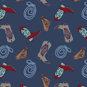 Cowboy Toss Wallpaper in Blue, Turquoise, Red on Dark Blue-12: Fabric