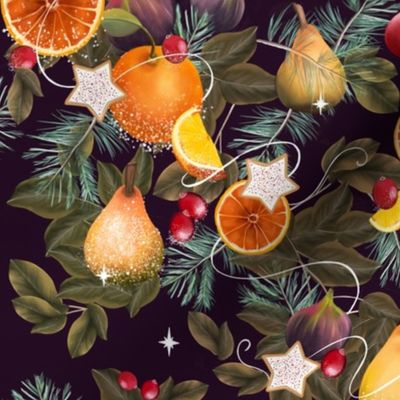 Festive Holiday Fruits with Oranges and Berries on Dark Purple