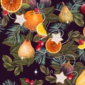 Festive Holiday Fruits with Oranges and Berries on Dark Purple