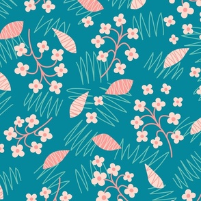 Cute hand-drawn Florals in teal and light pink // Med