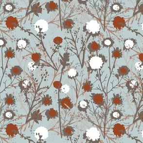 Flowers Tossed Cranberry Gray White On Light Blue Small Scale