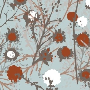 Flowers Tossed Cranberry Gray White On Light Blue Medium Scale
