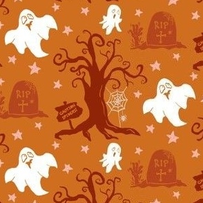 Retro Halloween - A spooky 70s-inspired design featuring Ghosts, Gravestones, Stars, Spiderwebs and spooky Trees