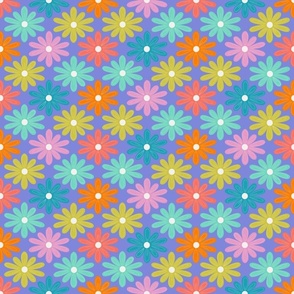 Groovy Retro flowers, purple background, yellow, pink, green, blue, 70's style, modern 6"