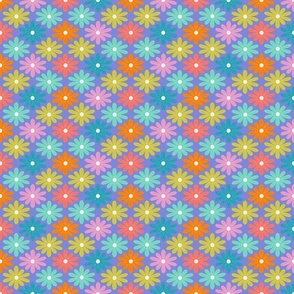 Groovy Retro flowers, purple background, yellow, pink, green, blue, 70's style, modern 4"