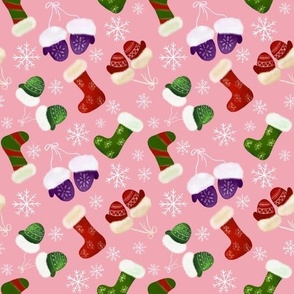 Holiday Mittens and Stockings with Snowflakes in Pink, Purple and Green