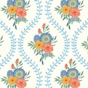 Medium - French Country Floral Table Linen - colorful flowers and Very light French Blue leaves - drop like trellis or lattice shape 