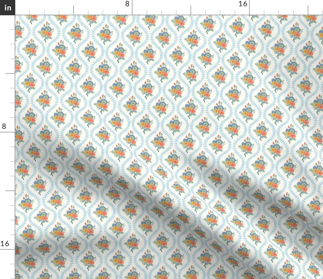 Small - French Country Floral Table Linen - colorful flowers and Very light French Blue leaves - drop like trellis or lattice shape