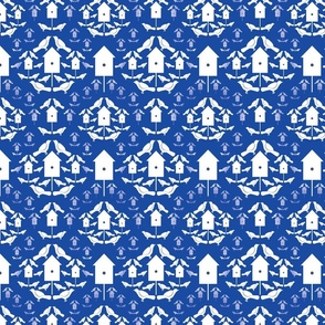 Birding Cobalt Blue; 800, v01—bird, nest, house, aviary, farmhouse, home, kitchen, towel, table, tablecloth, bedding, sheets, fly, tweet