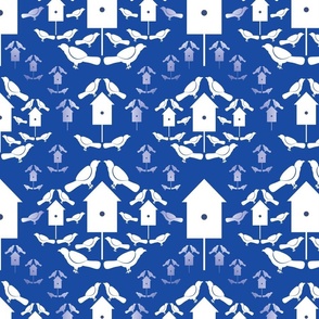 Birding, Vibrant Cobalt Blue, 1600, v01–bird, birdhouse, house, nest, nesting, kitchen, wall, wallpaper, blue and white, pillow, bedding, table, tablecloth, towel, napkin, coaster