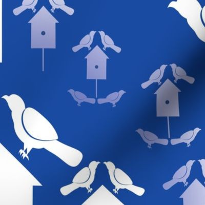 Birding Cobalt Coordinate, 3200, v01; Cobalt Birding, blue, nest, birdhouse, house, aviary, feather, fly, white, kitchen, wallpaper, table, tablecloth