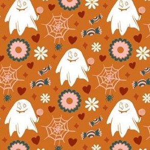 Retro Halloween - A spooky 70s-inspired design featuring Ghosts, Candy, Spiderswebs, White Flowers, Lollys, Retro Flowers