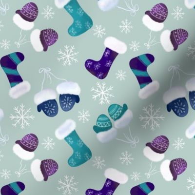 Holiday Stockings and Mittens with Snowflakes  in Blues, Purple and Aqua