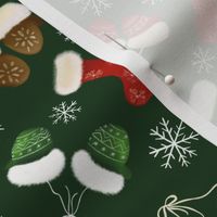 Holiday Stockings and Mittens with Snowflakes in Green, Red and Brown
